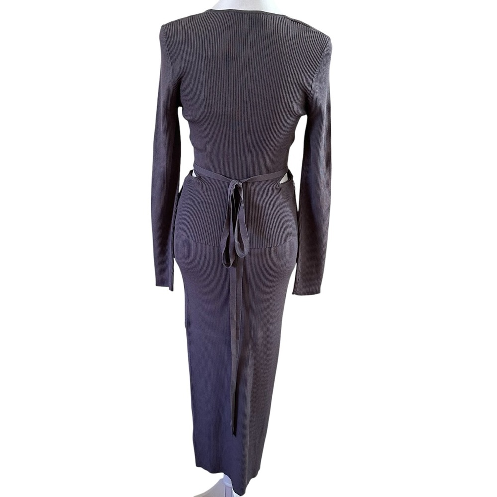 Zara Gray Ribbed Knit 2 Piece Skirt & Top Set With Side Opening & Tie Size NWOT - Picture 4 of 10